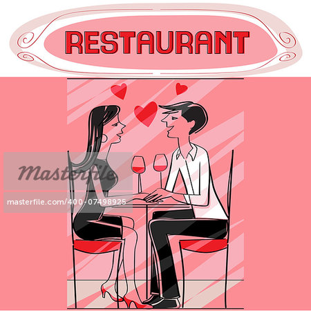 Hand drawn illustration of two lovers dining at the restaurant, talking and drinking wine, pink Valentine's Day card