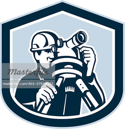 Illustration of a surveyor geodetic engineer with theodolite instrument surveying viewed from front set inside shield crest shape done in retro style.