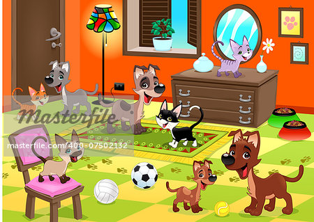 Family of cats and dogs in the house. Funny cartoon and vector illustration.