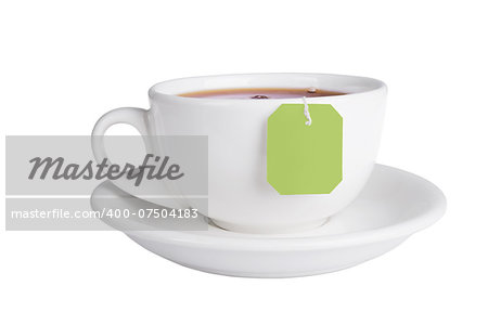 Cup of tea with tea bag isolated on white background