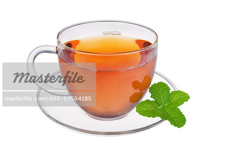 Glass cup of fresh tea with mint leaves isolated on white background