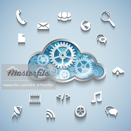 Cloud computing concept: Gear wheel cloud and communication and network flat design icons on blue background. Vector illustration