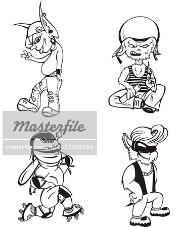 Funny teenagers. Black and white vector illustration in cartoon style.