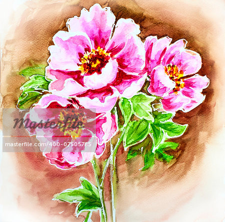 Painted watercolor card with peony flowers