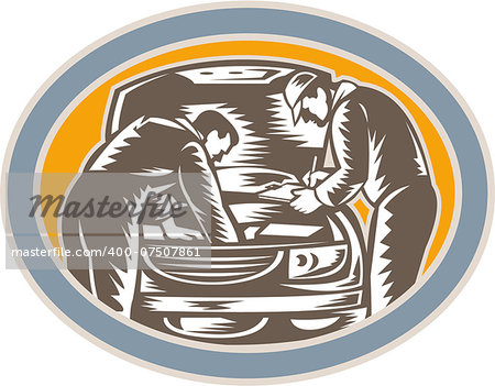 Illustration of two auto mechanic repairing automobile car vehicle viewed from front set inside oval shape done in retro woodcut style.