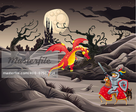 Knight and dragon in a landscape with castle. Funny cartoon and vector illustration