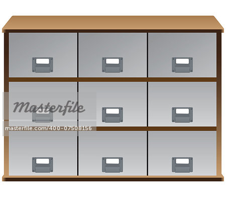 Drawer organizer with drawers and labels on the handles. Vector illustration.