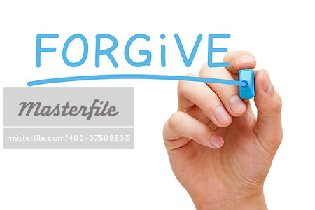 Hand writing Forgive with blue marker on transparent wipe board.