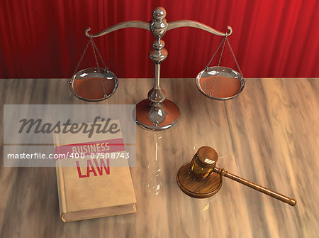 Illustration of legal attributes: gavel, scale and business law book on the table