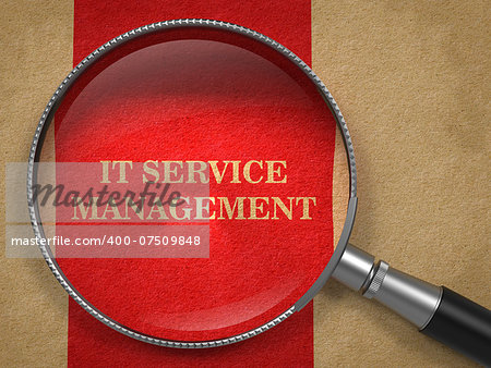 IT Service Management Through Magnifying Glass on Old Paper with Red Vertical Line Background.