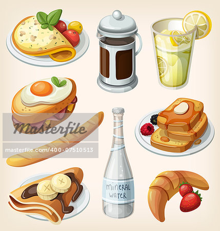 Set of traditional french breakfast elements and dishes. Vector