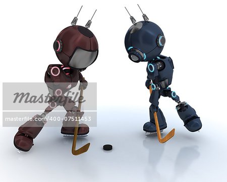 3D Render of  Androids playing ice hockey