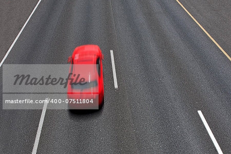 Red car moves fast on empty multilane highway ( long exposure, motion blurred, view from above).