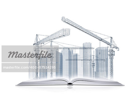 On the pages of an open book is wire frame tower crane and skyscrapers. White background