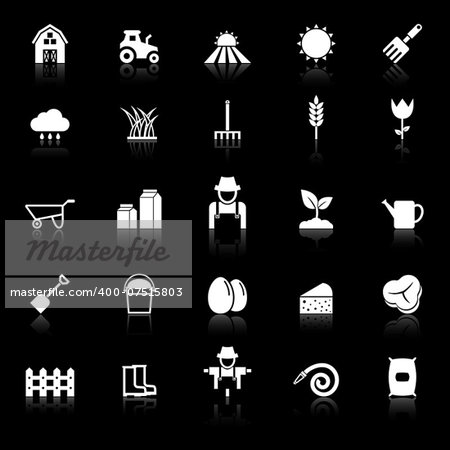Farming icons with reflect on black background, stock vector
