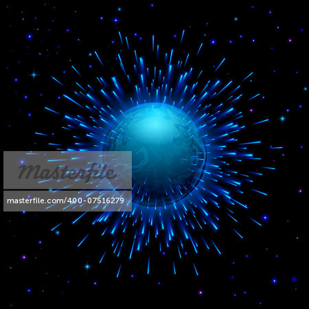 Space background with bursting blue planet in universe