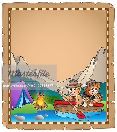 Parchment with two scouts in boat - eps10 vector illustration.