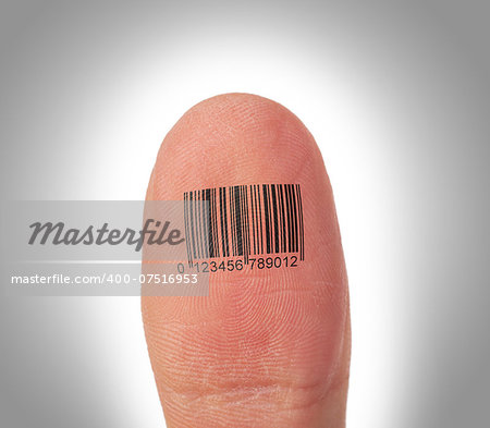 Macro view of a thumb finger over a white background, barcode
