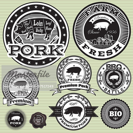 vector set of labels with pig and pork