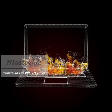 Wire frame laptop in the colored smoke. Computer concept