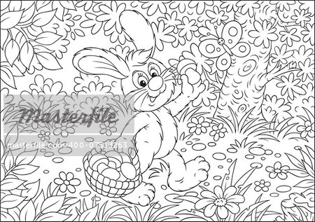 Rabbit walking through a forest and carrying his basket with mushrooms, black and white outline illustration for a coloring book