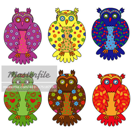 Set of six stylized owls painted by various floral and geometric ornaments, hand drawing cartoon vector illustration