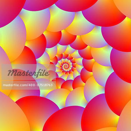 A digital abstract fractal image with a ball spiral design in red, yellow, orange and violet.