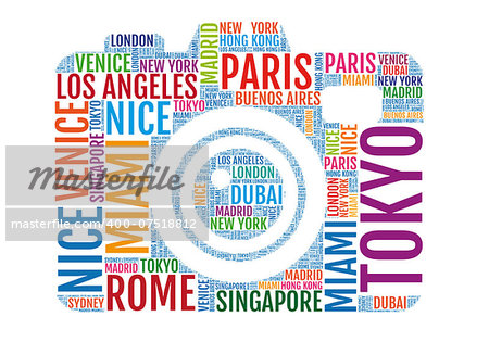 sightseeing, photo camera with city names, word art, vector illustration