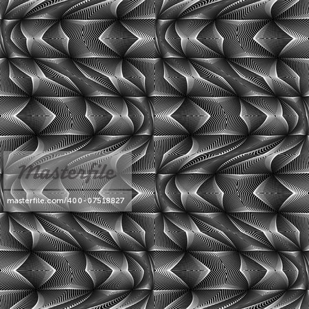 Design seamless monochrome movement illusion geometric pattern. Abstract warped twisted textured background. Vector art. No gradient