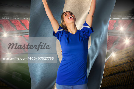 Cheering football fan in blue jersey holding argentina flag against vast football stadium with fans in yellow and red