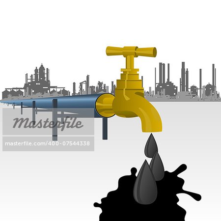 Oil pipe with a tap from which oil flows. Pipeline to pump oil. Illustration on white background.