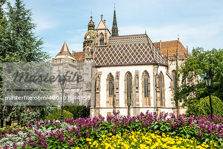 Cathedral of St. Elizabeth with garden, Kosice, Slovakia.  Gothic cathedral in Kosice. It is Slovakia's biggest church, as well as one of the easternmost Gothic cathedrals in Europe.