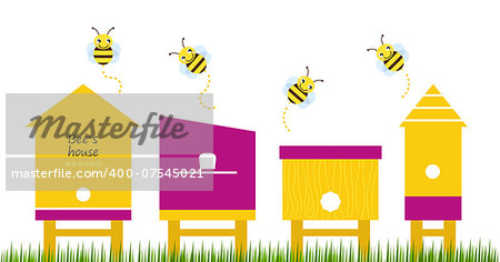 Cute simple Bee houses with bees. Vector Illustration