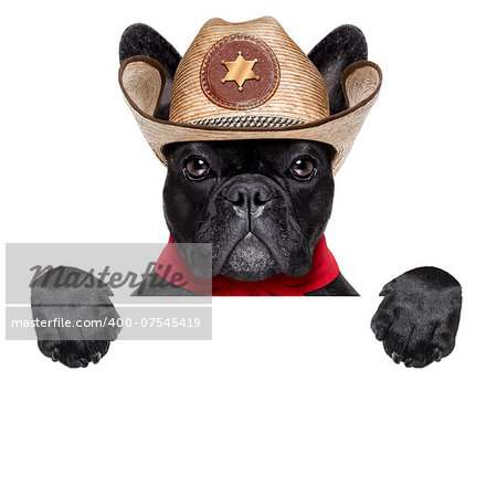 cool cowboy dog behind white blank banner or placard