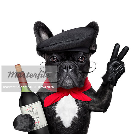 french bulldog with red wine,  peace or victory fingers and french beret