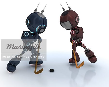 3D Render of  Androids playing ice hockey