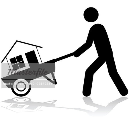 Concept illustration showing a man carrying a house with a wheelbarrow