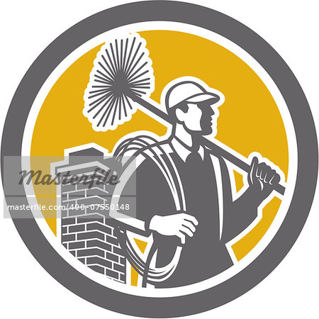 Illustration of a chimney sweep holding sweeper and rope viewed from side set inside circle on isolated background done in retro style.