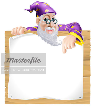 Friendly wizard man with a beard peeking over and pointing at a wooden sign