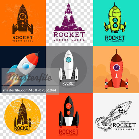 Vector Rocket Collection. Set of various rocket symbols, vector illustration.