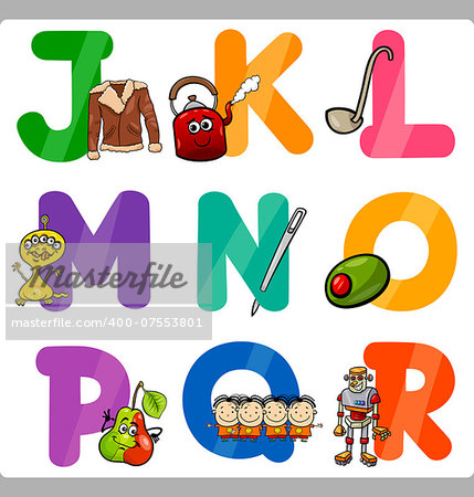 Cartoon Illustration of Funny Capital Letters Alphabet with Objects for Language and Vocabulary Education for Children from J to R