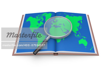 Magnifier on an opened book with the world map in its page
