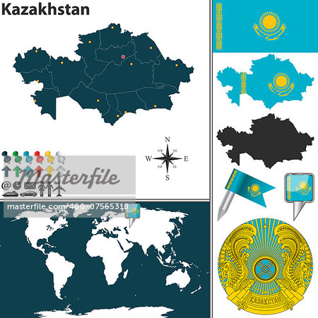 Vector map of Kazakhstan with regions, coat of arms and location on world map