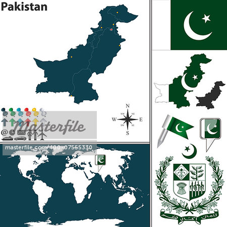 Vector map of Pakistan with regions, coat of arms and location on world map