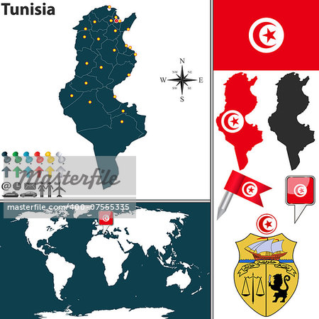 Vector map of Tunisia with regions, coat of arms and location on world map
