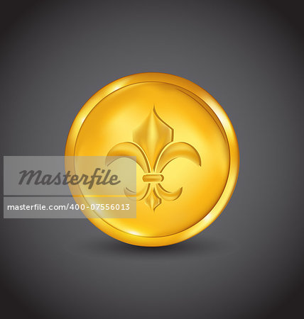 Illustration golden coin with fleur de lis on black background - vector