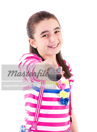 Happy little girl watching tv on white background