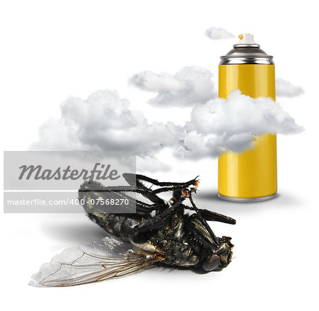 Spray bottle insecticide clouds and dead fly on white background isolated