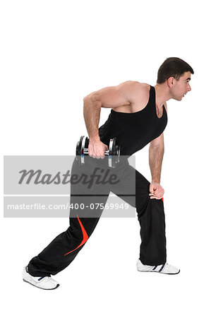 young handsome man doing standing one arm dumbbell row workout