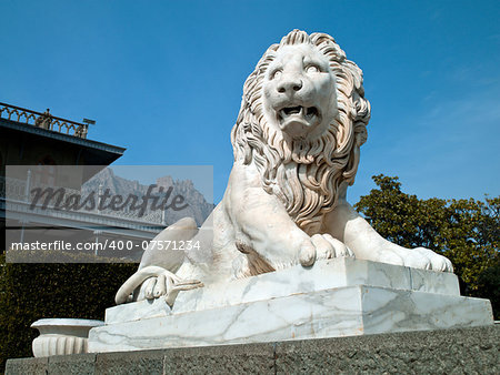 White, marble statue of a lion on the grounds of the Vorontsov Palace, Crimea